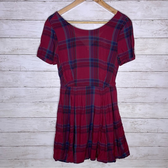 Volcom Red Blue Plaid Short Sleeve Skater Mini Dress - Picture 2 of 7
